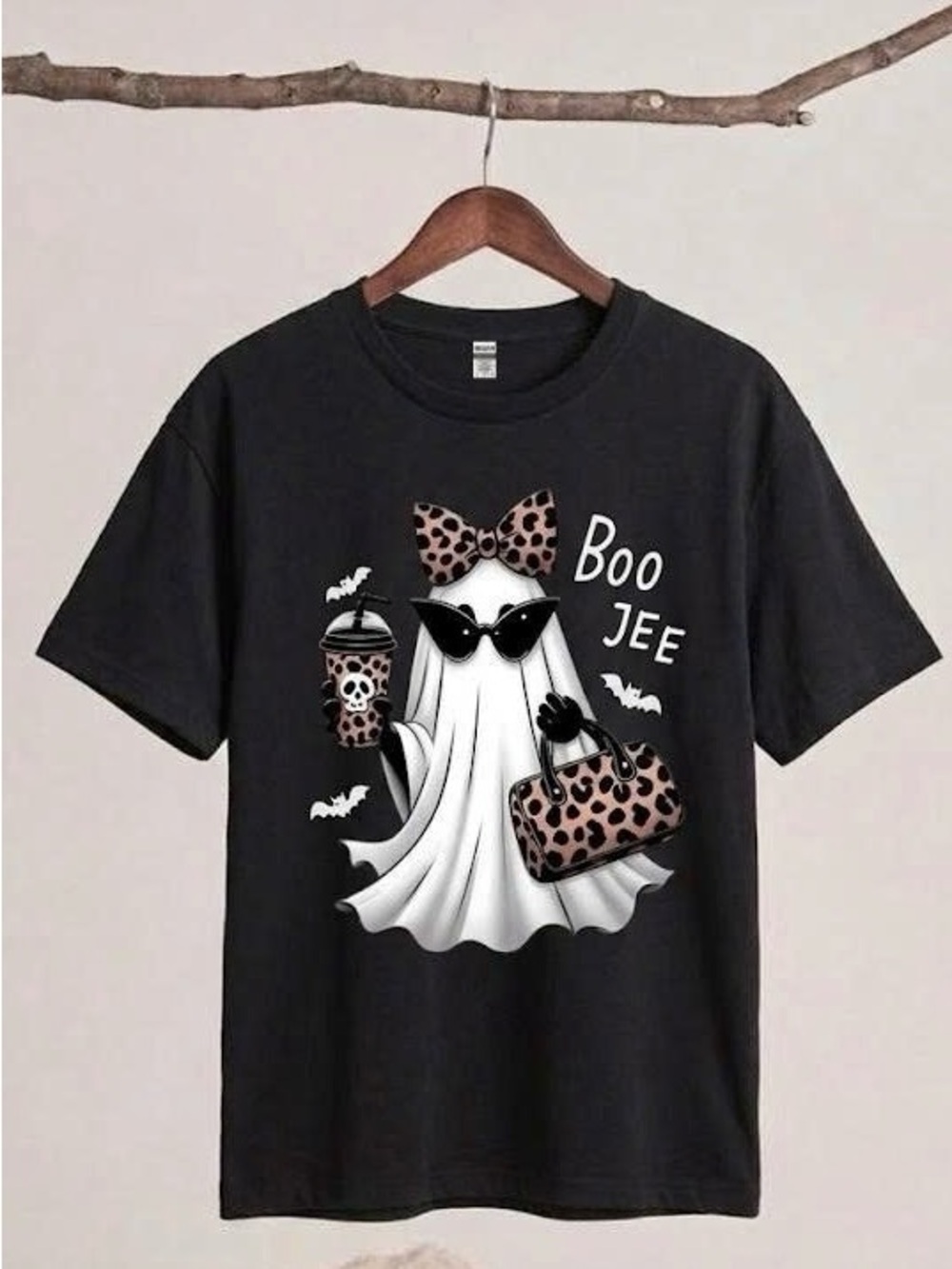 Boo Jee Ghost T-Shirt Black Boujee Leopard Print Bow Halloween Graphic Tee